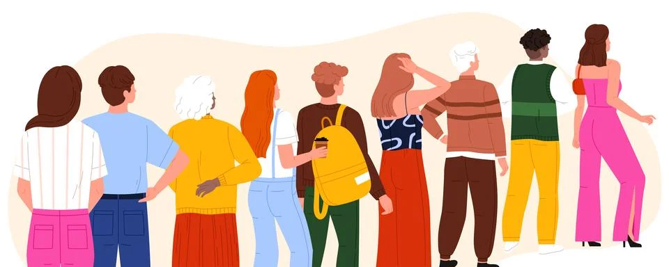Diverse People Standing In Back Queue Line Stock Illustration