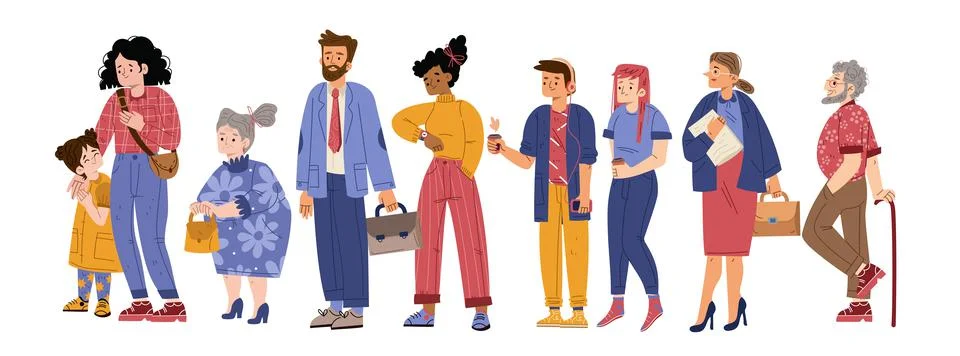 Diverse people standing in queue side view Illustrazione stock