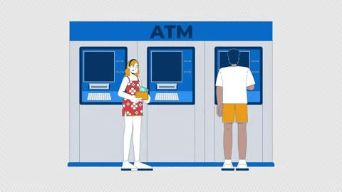 Diverse people using ATM machines for banking transactions cartoon animation Video stock 312670780
