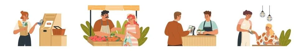 Diverse people using different payment system or cash set Stock Illustration