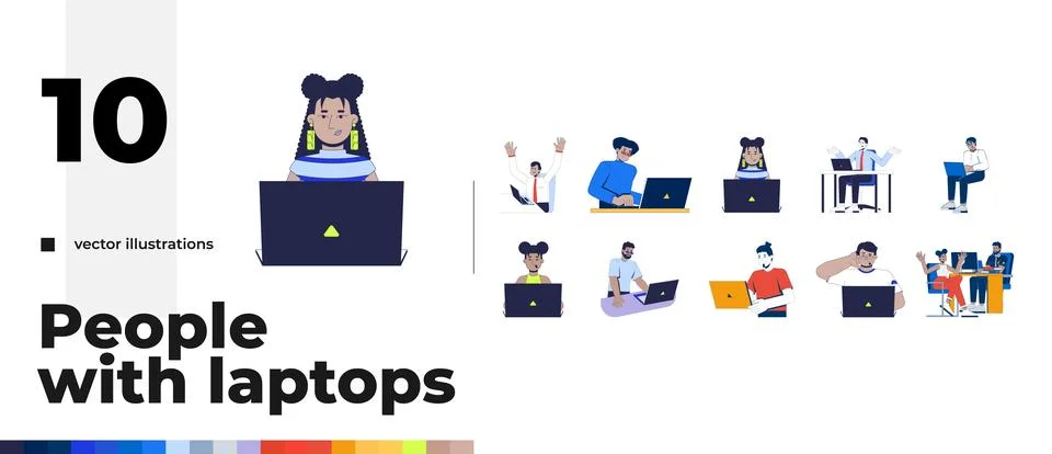 Diverse people using laptops for work and online tasks vector illustration pa Illustrazione stock