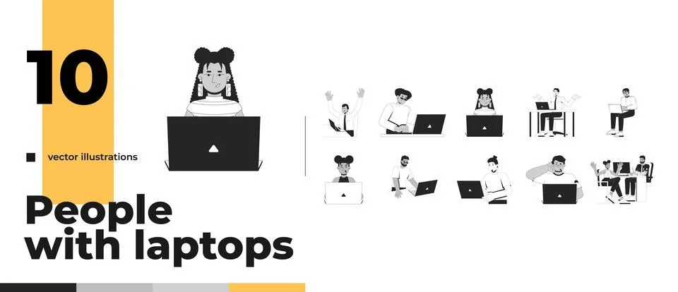 Diverse people using laptops for work and online tasks outline illustration.. Stock Illustration