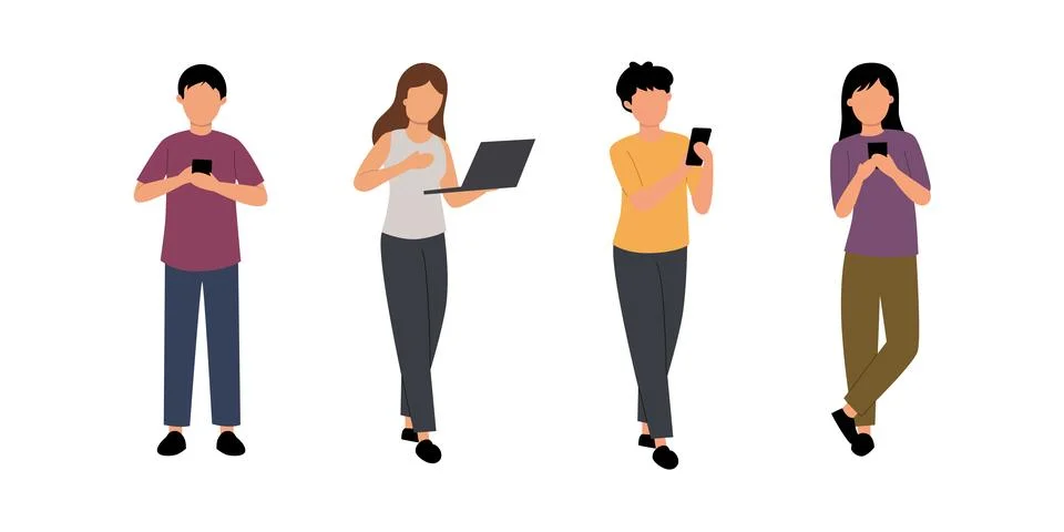 Diverse people using mobile devices and a laptop, showcasing modern technolog Stock Illustration