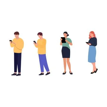 Diverse People Using Mobile Devices Flat Vector Illustration Illustrazione stock