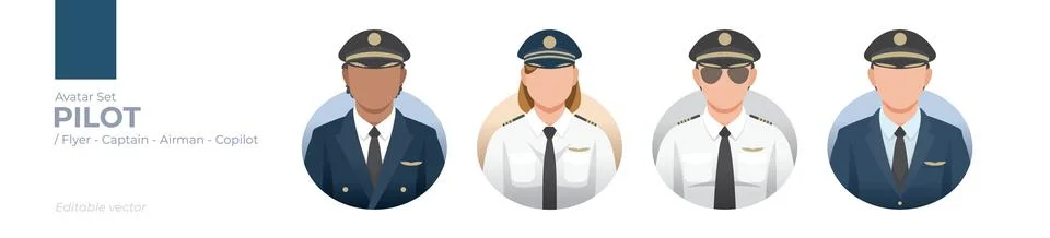 Diverse Pilot Avatar Set: Editable Graphics of Captains, Copilots, and Airm.. Stock Illustration