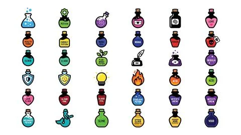 Diverse potion bottle set with bold outlines and descriptive text for fanta.. Stock Illustration