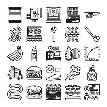 Diverse production, logistics, and data processes icons Stock Illustration