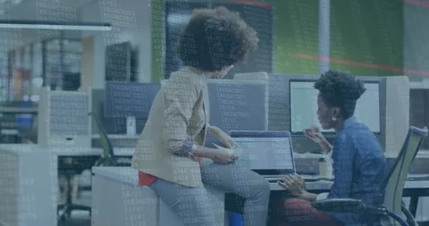 Diverse professionals collaborating at office with data processing animation Stock Footage 330344772