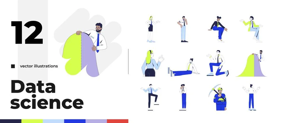 Diverse professionals doing analytical tasks cartoon flat illustrations bundl Stock Illustration