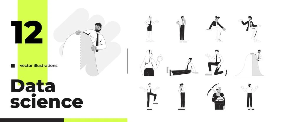 Diverse professionals doing analytical tasks outline illustrations bundle Stock Illustration