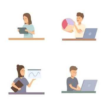 Diverse professionals working on computers and presenting data Illustrazione stock