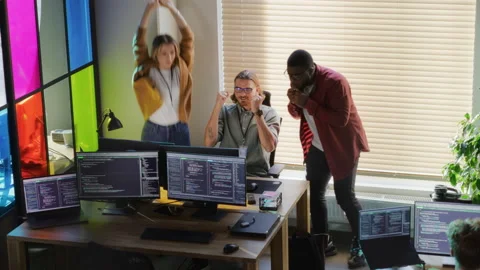 Diverse Programmers And Female Manager Celebrating In Office Stock Footage 223193509