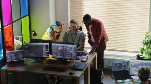 Diverse Programmers And Female Manager Working In Office Stock Footage 223193697