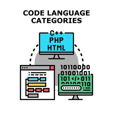 Diverse programming language categories and coding development process 库存插图