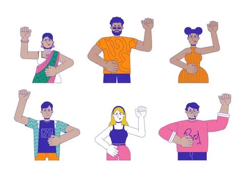 Diverse protestors activists 2D linear cartoon characters set Stock Illustration