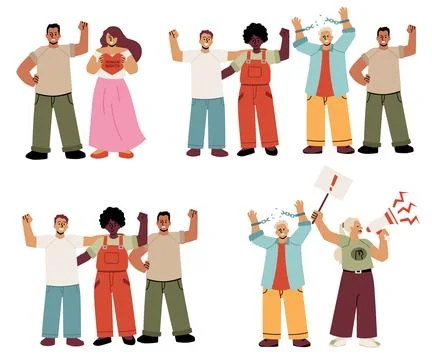 A diverse rally for human rights. Vector set, fists, chains, posters. Stock Illustration