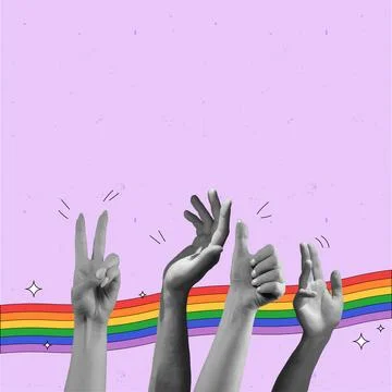 Diverse range of hands come together with rainbow string rainbow against pink Stock Illustration