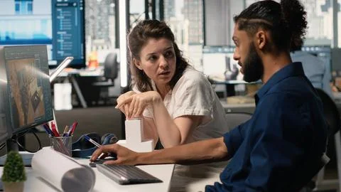 Diverse real estate developers team reviewing infrastructure layouts Stock Photos