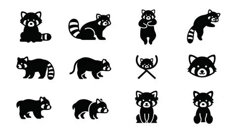 Diverse red panda silhouette icon set in minimalist black style. Stock Illustration