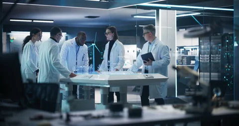 Diverse Researchers Using VFX Windmill Hologram In Lab Stock Footage 243905874