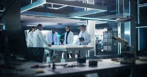 Diverse Researchers Using VFX Windmill Hologram In Lab Stock Footage 243905917