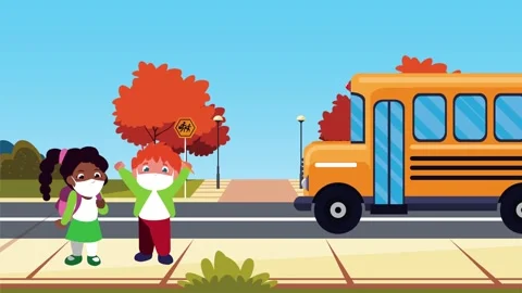 Diverse school children waiting for school bus wearing protective face mask.. Stock Footage 339269380