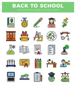 Diverse school icons featuring learning tools and academic symbols for educ.. Illustrazione stock
