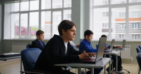 Diverse School Students Boys Working With Laptops In Computer-Based Class, Web Stock Footage 280179629