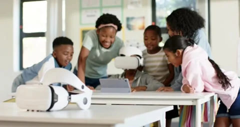 Diverse schoolkids watching camera shifting while girl putting on VR headset, Stock Footage 341467729