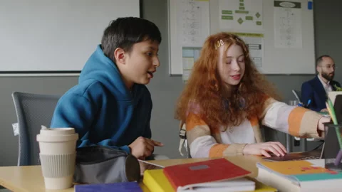 Diverse Schoolkids Writing Code in Programming Class and Giving High Fives Stock Footage 278127354