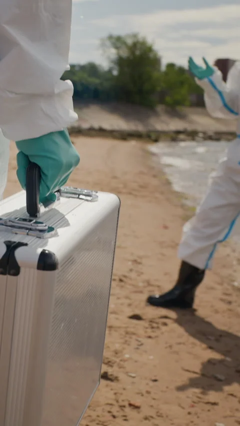Diverse Scientists in Hazmat Suits Inspecting Toxic Pollution Site Stock Footage 344717696
