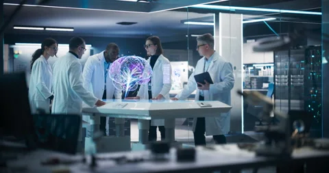 Diverse Scientists Using VFX Brain Hologram In Laboratory Stock Footage 243905819