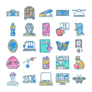Diverse scribble art icons representing concepts and objects Stock Illustration