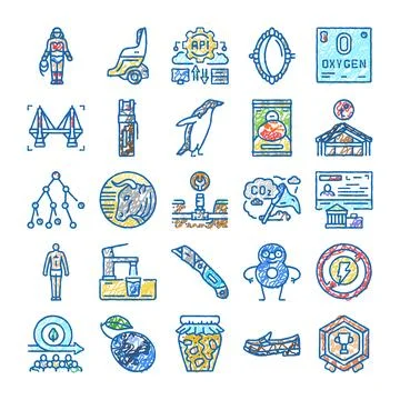 Diverse scribble doodle icon collection on white background Illustrazione stock