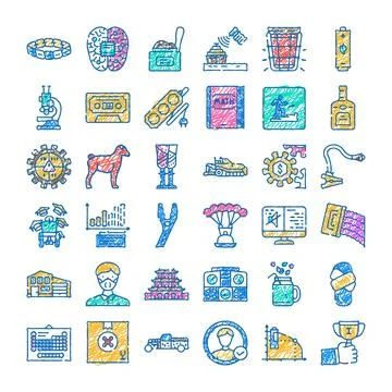 Diverse scribble doodle icons collection on white background Stock Illustration