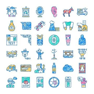 Diverse scribble doodle icons collection on a white background Stock Illustration