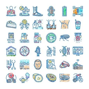 Diverse scribble doodle icons collection science health food Stock Illustration