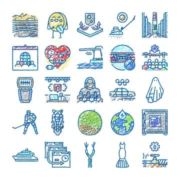 Diverse scribble doodle icons collection abstract concept Stock Illustration