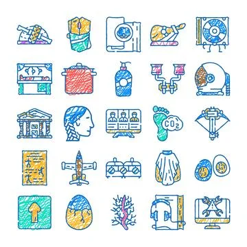 Diverse scribble illustrations covering science technology and abstract con.. Stock Illustration
