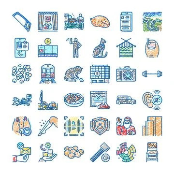 Diverse scribbled icons set with people animals objects Stock Illustration