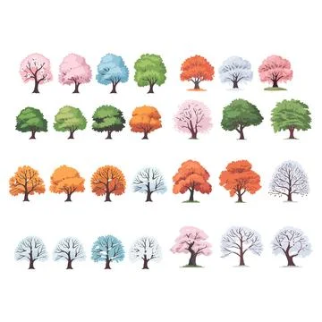 Diverse Seasonal Tree Vector Illustrations in Various Colours Stock Illustration