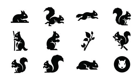 Diverse set of 12 black squirrel icons representing different actions and p.. Illustrazione stock