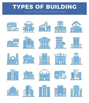 Diverse set of 25 building icons in blue outlines on a white background. sh.. Ilustración de archivo