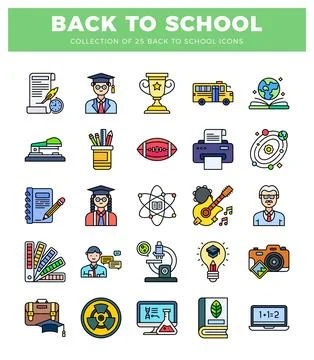 A diverse set of 25 flat colorful icons representing education and school s.. Stock Illustration
