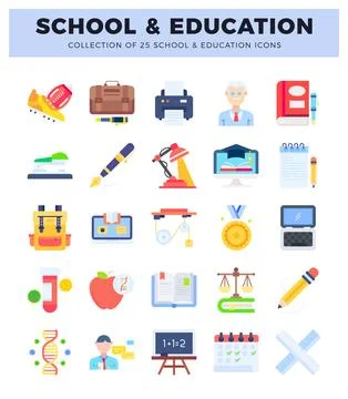 A diverse set of 25 school and education icons on a white background. featu.. Illustrazione stock