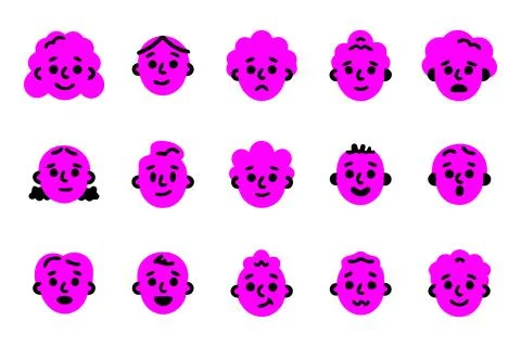 Diverse Set of Cartoon-Style Elderly Faces with Various Expressions Stock Illustration