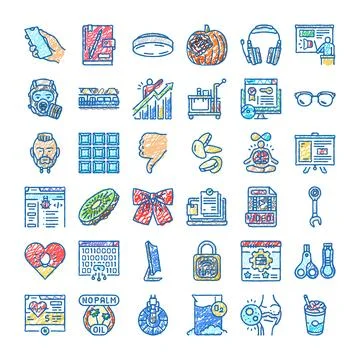 Diverse set of colored line doodle icons イラスト素材