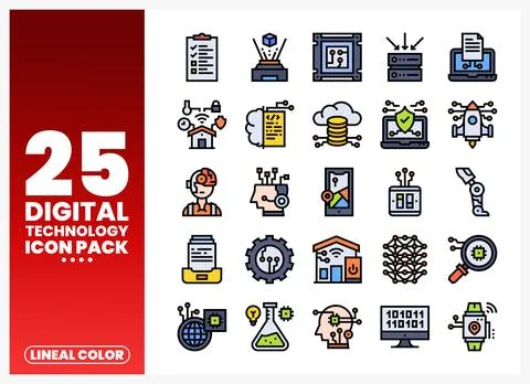 A diverse set of digital technology icons presented on a clean white backgr.. Illustrazione stock