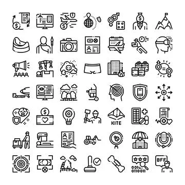 Diverse set of essential black line icons depicting various business and mo.. イラスト素材