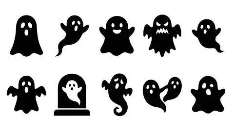 Diverse set of ghost silhouettes including grave and spirit figures for hal.. Stock Illustration